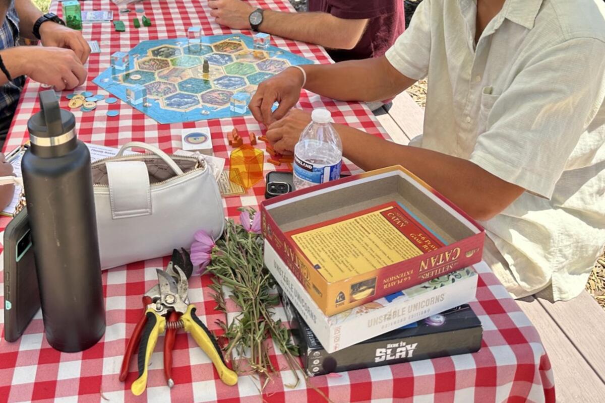 Hands over a Catan board on a gingham tablecloth