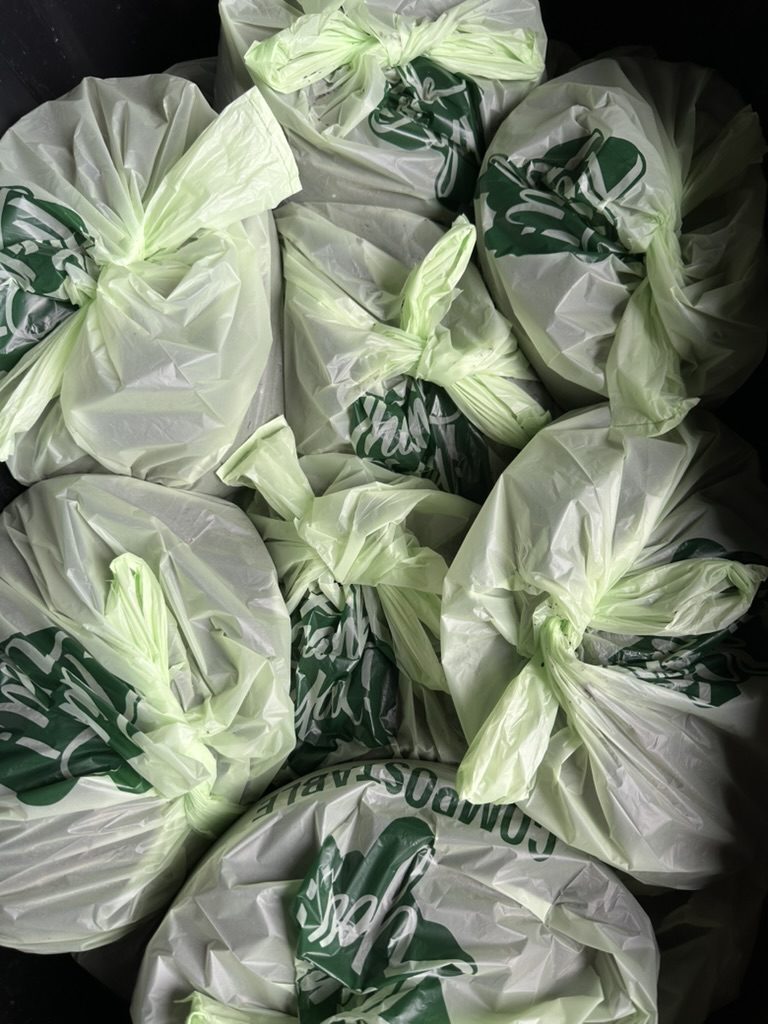 Bags of finished compost ready to give away