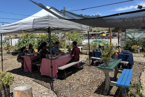 Game day tables under the shade tent
